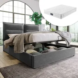 Odikalo Polsterbett Stauraumbett 140x200 mit verstellbarem Kopfteil – Grau - Praktisches Stauraumbett mit höhenverstellbarem Kopfteil für optimalen Komfort. Der große Bettkasten bietet viel Platz für Decken und Kissen. Ideal für ein gemütliches Schlafzimmer.