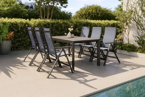 Siena Garden Silva Garten-Essgruppe - Elegante Garten-Essgruppe mit hochwertiger Keramik-Tischplatte und sechs klappbaren Stühlen. Ideal für gesellige Abende im Freien – pflegeleicht, witterungsbeständig und komfortabel.