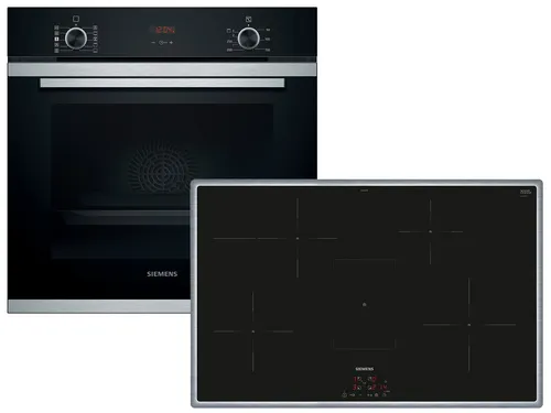 Siemens EQ214ID01Z Set Backofen HR214ABS0 + Induktionskochfeld EH845BFB5E - Backofenset mit 8 Funktionen und Dampfunterstützung, ideal für gleichmäßiges Kochen auf bis zu drei Ebenen. Das 80cm Induktionskochfeld mit touchControl sorgt für komfortable Steuerung.