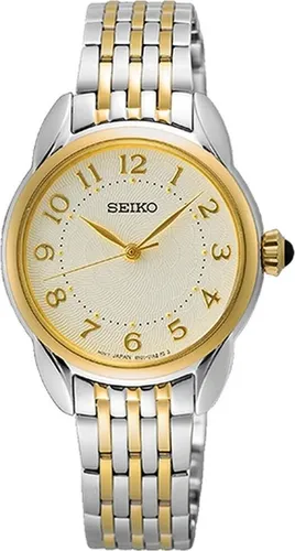 SEIKO Damen Analog Quarz Uhr SUR562P1 - Elegante Armbanduhr mit Edelstahl-Armband und goldfarbener Lünette, kratzfestem Hardlexglas und bis zu 50 m wasserdicht – ideal für stilbewusste Damen.