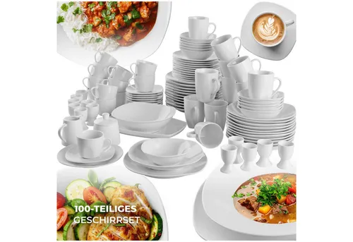 tectake® Kombiservice für 12 Personen aus Porzellan - Vielseitiges Geschirrset mit eckigen und runden Formen, ideal für jeden Esstisch. Stapelbar und aus hochwertigem Porzellan für zeitloses Design.
