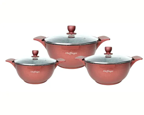 Cheffinger Kochtopfset 6-tlg 20-24-28cm - Töpfe für Induktion, 6-teiliges Set mit antihaftbeschichteten, rostfreien und kratzfesten Töpfen in elegantem Burgundy – ideal für müheloses Kochen.