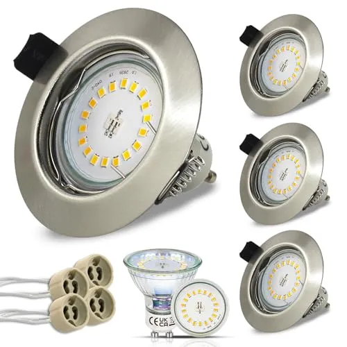 HiBay 4er Set LED Spot Einbaustrahler 230V GU10 5W 68mm Einbauspots Rund Einbauleuchten Edelstahl gebürstet Neutralweiß für Wohnzimmer Schlafzimmer Küche