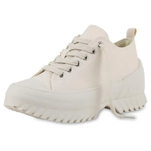 VAN HILL Damen Plateau Sneaker Blockabsatz Profilsohle Trendy Schuhe 217283 Beige 40