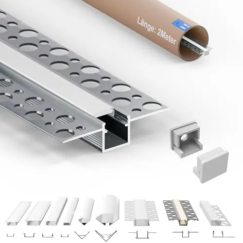 Tivendis LED Trockenbauprofil 2m mit Abdeckung milchig | UP Trockenbau Profile für LED Streifen bis 10 mm | LED Aluminium Profil Trockenbau | LED Profil Trockenbau Decke Wand Schattenfuge