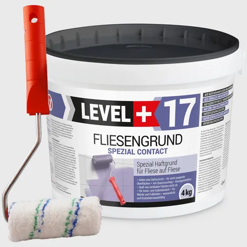 Level+ Haftgrund Quarzgrund 4KG L+17 mit Farbroller - Haftgrund für Fliesen, ideal für optimale Haftung und einfache Anwendung, perfekt für Bauen & Renovieren.