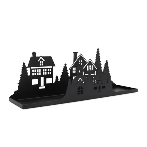 Spetebo Metall Kerzentablett Häuserzeile schwarz - 40 x 14 cm - Deko Tablett mit Weihnachtsdorf Silhouette - Weihnachten Advent Winterstadt Kerzen Brett