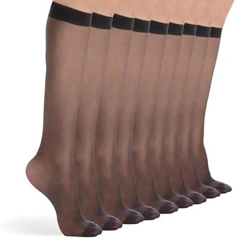 HA WA Damen Kniestrümpfe 9er Pack mit weichem Bund für Erwachsene Feinkniestrümpfe,20 Den Transparent,Schwarz