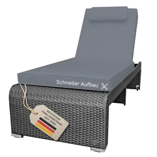 RS Trade Gartenliege Monza, Silber/Grau mit grauer Auflage - Liegen für den Garten, aus hochwertigem Polyrattan, wetterfest und ideal für entspannte Stunden im Freien.