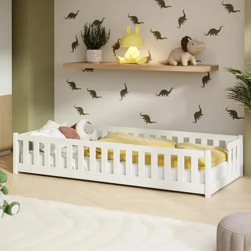 Kids Collective Kinderbett Bodenbett mit Rausfallschutz & Lattenrost Montessori Bett Bed Gitterbett Kinder Jugendbett Einzelbett | 90x190 cm | Weiß
