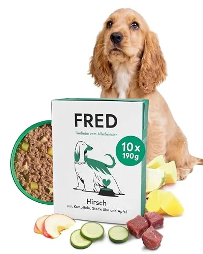 FRED Nassfutter Hund Hirsch mit Kartoffeln – Monoprotein – 39 % Hirsch - Hochwertiges Hundefutter mit 39 % Hirsch in Lebensmittelqualität, ideal für sensible Hunde. Getreidefrei und ballaststoffreich, perfekt für Allergiker. Praktisches Tetra Pak für eine hygienische und nachhaltige Fütterung.