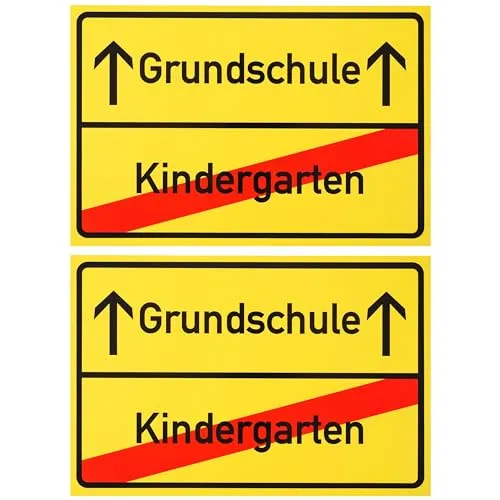 Ortsschild zur Einschulung, 2 Stück, 1 mm PVC, 30 x 20 cm, Scherzartikel für Beendigung des Kindergartens und Start der Grundschule, Schild für Schulanfang, lustiges Hinweisschild Start Schulzeit