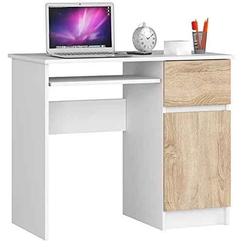 Home Collective Computertisch Bürotisch mit ausziehbarer Tastaturablage, Schreibtisch Laminatplatte mit ABS-Kante, mit 1 Schublade und 1 Tür rechts, 90 x 50 x 77 cm, weiß Sonoma