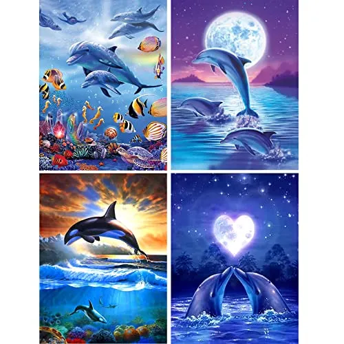 UNIVERTEN Diamond Painting Set, 4er Diamant Bilder, DIY 5D Painting Kinder Erwachsene, Malerei Kits, Kristallartiges Kreuzstichset für Home Wall Décor, Delfin(30×40cm)