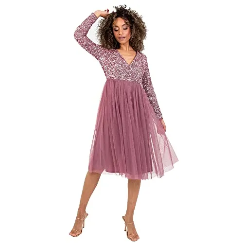 Maya Deluxe Damen Womens Ladies Wedding Guest Midi Dress Long Sleeve Plunging Neckline V Neck Sequin Embellished Graduation Brautjungfernkleid, Desert Rose, 20