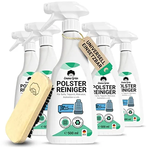 Emma Grün® Polsterreiniger für Sofa, Couch & Autositze 5x500ml - Nachhaltig & Effektiv mit Polsterbürste - Der Emma Grün Polsterreiniger entfernt mühelos tiefsitzende Verschmutzungen und sorgt für frische Polster. Ideal für Sofas, Autositze und Teppiche. Umweltfreundlich und ohne schädliche Chemikalien, entwickelt in Deutschland.