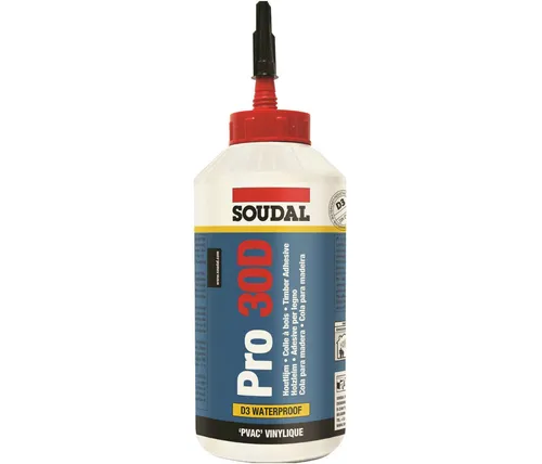 Soudal PRO 30D Holzleim D3 – wasserbeständiger PVA-Leim für Holz - Soudal PRO 30D Holzleim D3, 750g – lösemittelfrei, schnell abbindend und ideal für Holz, Spanplatten und Furniere. Hohe Endfestigkeit für langlebige Ergebnisse.