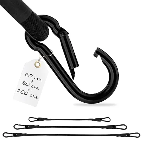 ECENCE 3er Set Spanngummi mit Karabiner aus Edelstahl - starker Expander 1x100cm, 1x80cm, 1x 60cm in Schwarz, extra stabile Spanngurte mit Haken, Spannseil für Fahrrad, Gepäck