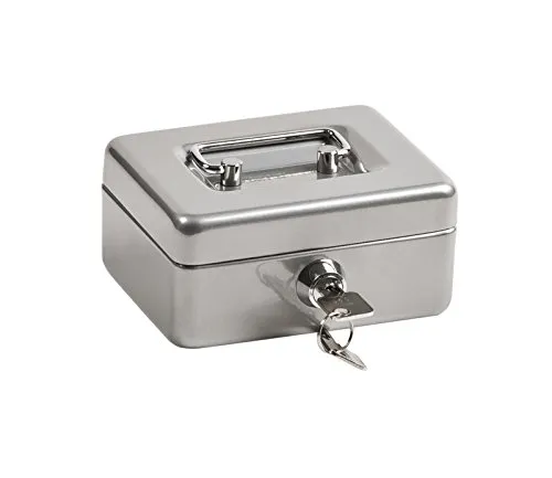 ProfiOffice Geldkassette aus Stahlblech | abschließbar | Münzgeld-Einsatz herausnehmbar | 12.5 x 9.5 x 6 cm | Kasse mit 2 Schlüsseln | geeignet als Spardose, Trinkgeldkasse | Silber (10038)
