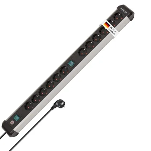 Brennenstuhl 1391030200 Steckdosenleiste mit Schalter - Premium-Alu-Line 12-fach Steckdosenleiste in Silber-Schwarz, ideal für Home Office. Mit schaltbarem Sicherheitsschalter und innovativem Befestigungskonzept für optimale Flexibilität.