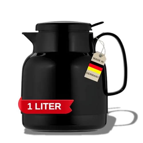 Helios Mondo Push Kunststoff-Isolierkanne 1,0 l schwarz - Thermobehälter mit 6 Stunden Wärmespeicherung, ideal für Kaffee und Tee. Der Deckel mit Drucktaste ermöglicht einfaches Einschenken.