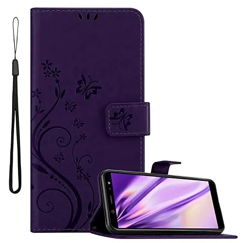 Cadorabo Hülle kompatibel mit Samsung Galaxy A6 2018 Blumen Design aus Kunst Leder Flip Klappbare Stoßfeste Magnetische [Standfunktion] [Kartenfächern] Cover Hülle für Galaxy A6 2018 Tasche in Lila