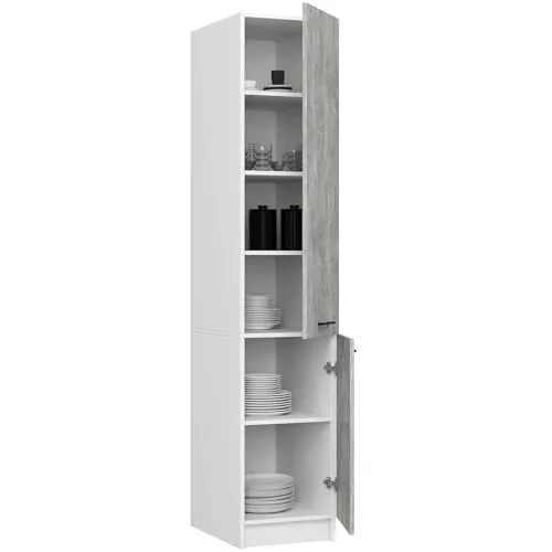 BDW - Vorratsschrank Küche - Küchenschrank Schmal - Schrank 40 cm breit, 205 cm hoch, 57 cm tief - Geräumiger Hochschrank für Vorräte, Küchenutensilien und mehr - Küchenschrank Weiß/Beton