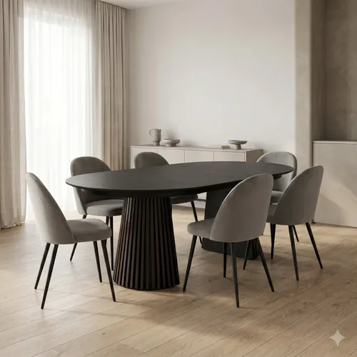 Tokyo Essgruppe 7-tlg. mit schwarzem Tisch und grauem Velours - Modernes 7-teiliges Tisch- & Stuhl-Set, ideal für Esszimmer. Der runde Tisch und die bequemen Stühle bieten Platz für bis zu 6 Personen und überzeugen durch stilvolles Design und hochwertige Materialien.