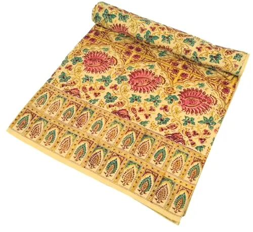 GURU SHOP Blockdruck Tagesdecke, Bett & Sofaüberwurf, Handgearbeiteter Wandbehang, Wandtuch - Design 16, Baumwolle, Size:Double 225x275 cm