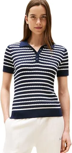 Tommy Hilfiger Damen Poloshirt Kurzarm Cable Sweater mit Knopfleiste, Mehrfarbig (Dark Night Navy/Ivory Silk STP), XL