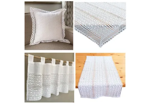 heimtexland Scheibengardine Deko Set Häkelspitze Gardine Kissen Tischdecke (1 St), Schlaufen, blickdicht, Boho Scheibengardine Makramee Spitze Häkel Bistrogardine