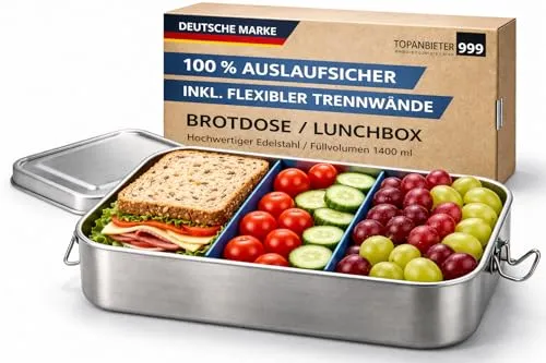 TOPANBIETER 999 Premium Lunchbox 1400 ml aus Edelstahl – Auslaufsichere Brotzeitbox mit Trennwand - Hochwertige, auslaufsichere Edelstahl-Brotzeitbox mit praktischer Fächereinteilung für frische Snacks. Ideal für Schule, Büro und unterwegs – die nachhaltige Wahl für umweltbewusste Genießer.