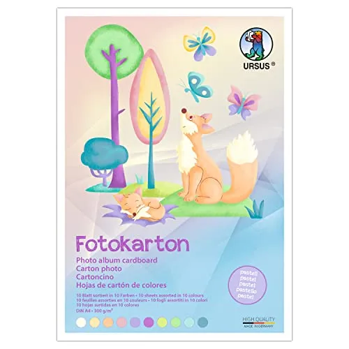 Ursus 3794699 - Fotokarton, Pastell, DIN A4, 300g/qm, 10 Blatt in 10 Farben, durchgefärbt, aus Frischzellulose, lichtbeständig, ideal für kreatives Basteln