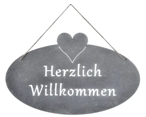 Levandeo® Metallbild, Schild Willkommen Herz 40x25cm Eisen Garten-Deko Grau Türschild