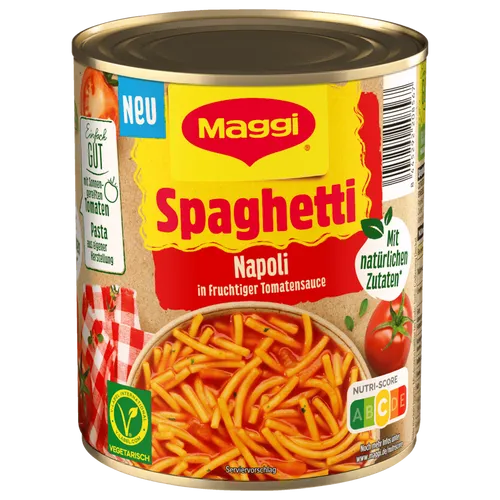 MAGGI Spaghetti Napoli, vegetarische Pasta in fruchtiger Tomatensauce, 800g - Beliebtes Fertiggericht mit feinen Gabelspaghetti in fruchtiger Tomatensauce. Schnelle Zubereitung in Topf oder Mikrowelle – ideal für unterwegs oder zuhause. Ergibt 2 Portionen, perfekt zum Teilen!
