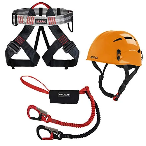 ALPIDEX Kletterhelm und Klettergurt mit Stubai Klettersteigset BASIC 3.0 in sunset orange