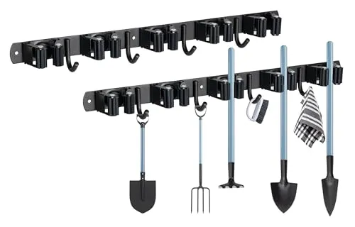 YOCOLE 2 Stück Besenhalterung Wand, Gerätehalter Edelstahl Besen Mop Halter, Besenstielhalter Gartengerätehalter Wand Selbstklebend 10 Halter und 8 Haken für Schrank Balkon Badezimme