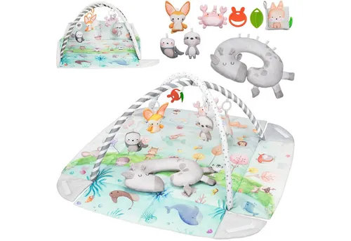 lionelo Spielmatte ANIKA NATURAL (Set, Spieldecke/8 Spielzeuge/Tummy-Time-Kissen/2 Beißringe), Bambusbezug/8Spielzeuge/aufklappbar/waschbar/0+