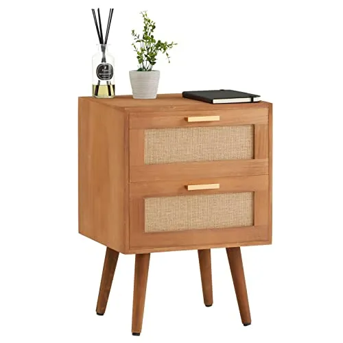 CARO-Möbel Nachtkommode WAMAN – Boho Nachttisch mit 2 Schubladen - Nachtkonsolen im angesagten Boho-Stil, aus hochwertigem Paulowniaholz mit goldenen Griffen, ideal für Schlafzimmer und Wohnzimmer, bietet praktischen Stauraum.