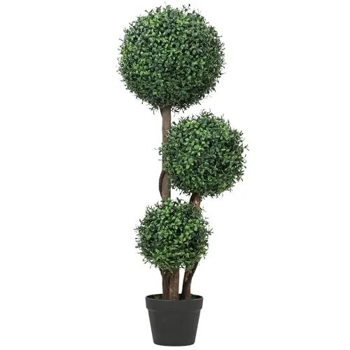 HOMCOM Künstliche Buchsbaumkugel groß 100cm – Dekorative Kunstpflanze mit Holzstamm - Elegante Kunstpflanze im Drei-Kugel-Design für stilvolle Dekoration. UV-beständig und pflegeleicht, ideal für Innen- und Außenbereiche. Perfekt für Wohnzimmer, Schlafzimmer oder Büro.