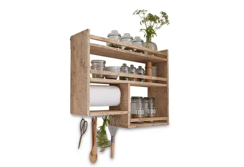 Mirabeau Wandregal Gewürzregal Loré braun - Wandregal für Gewürze, aus naturbelassenem Mangoholz, mit verschiedenen Fächern und Küchenrollenhalter – ideal für die moderne und rustikale Küche.