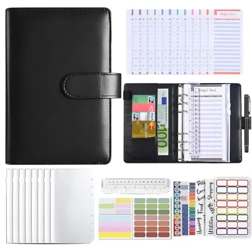 Budget Binder A6 Finanzplaner mit 8 Reißverschluss-Klarsichthüllen Schwarz