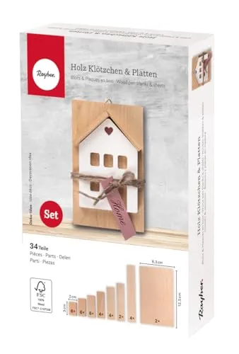 Rayher Klötzchen und Platten aus Holz, FSC zertifiziert, Box 34 Teile, 32 Holzleisten/Klötzchen, verschiedene Größen, 2 Holzplatten, Bastelklötzchen zum Basteln, Bastelstäbe, 46649505