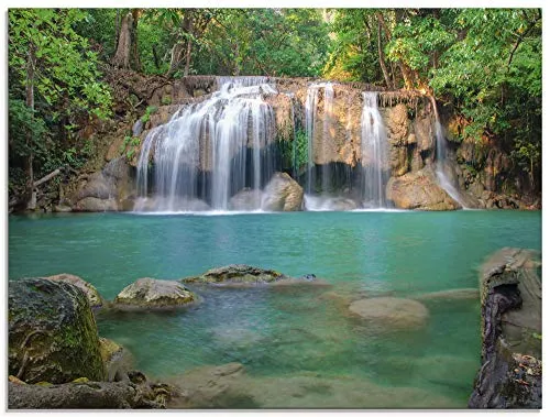 ARTland Wanddeko Glasbilder Wandbild Glas Bild einteilig 80x60 cm Querformat Natur Wald Dschungel Urwald Wasserfall Fluss Landschaft Thailand S6CI