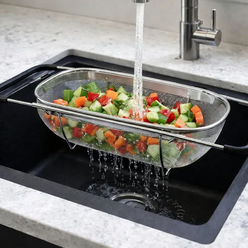 Koopman Küchensieb Spülbeckensieb Nudelsieb 36x24cm Edelstahl Ausziehbar, Edelstahl, (1-St), verstellbar von 36-56cm, gummierte Griffe, Rostfrei, Praktisch