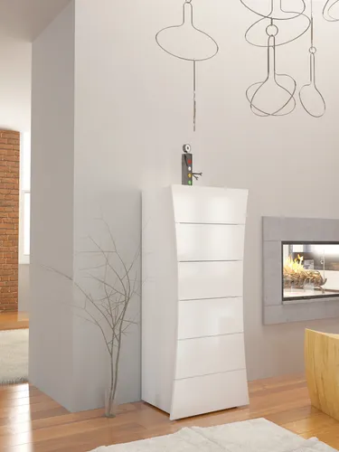 Kommode Arona in Weiß Hochglanz - 50x121.7x40cm - Elegante Kommode mit 6 geräumigen Schubkästen für optimalen Stauraum. Ideal für Flur, Wohnzimmer oder Schlafzimmer. Hochwertige Verarbeitung und modernes Design verleihen jedem Raum eine stilvolle Note.