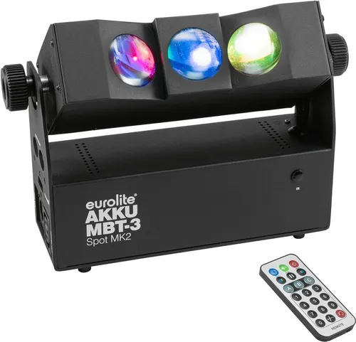 Eurolite AKKU MBT-3 Spot MK2 - Effektstrahler mit kabellosem Betrieb und bis zu 16 Stunden Laufzeit; ideal für Uplighting und Beameffekte dank 3x 8 W 4in1 RGBW LEDs, geräuschlos und flexibel einsetzbar.