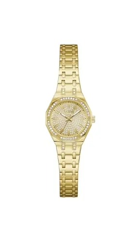 Guess GW0931L2 CYRKONIE goldene Damenuhr - Elegante 25 mm Quarz-Damenuhr mit goldfarbenem Edelstahlgehäuse und funkelnden Zirkonen. Ideal für stilvolle Anlässe und als Geschenk für modebewusste Frauen.