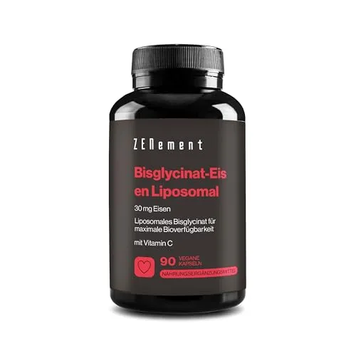 Liposomales Eisen-Bisglycinat 30 mg mit Vitamin C – Hohe Bioverfügbarkeit und Magenfreundlich – Stabile, Chelatierte und Synergetische Formel – 90 Vegane Kapseln – Zenement