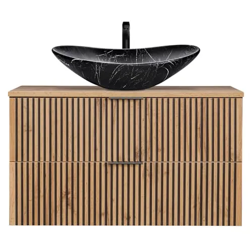 Lomadox Waschtisch XANTEN-56 - 100 cm mit Aufsatzwaschbecken - Eleganter Waschtisch in anthrazit mit Eiche Nb. und schwarzem Keramikwaschbecken, ideal für moderne Badezimmer. Mit Softclose-System und hochwertiger Verarbeitung für eine stilvolle Wohlfühloase.